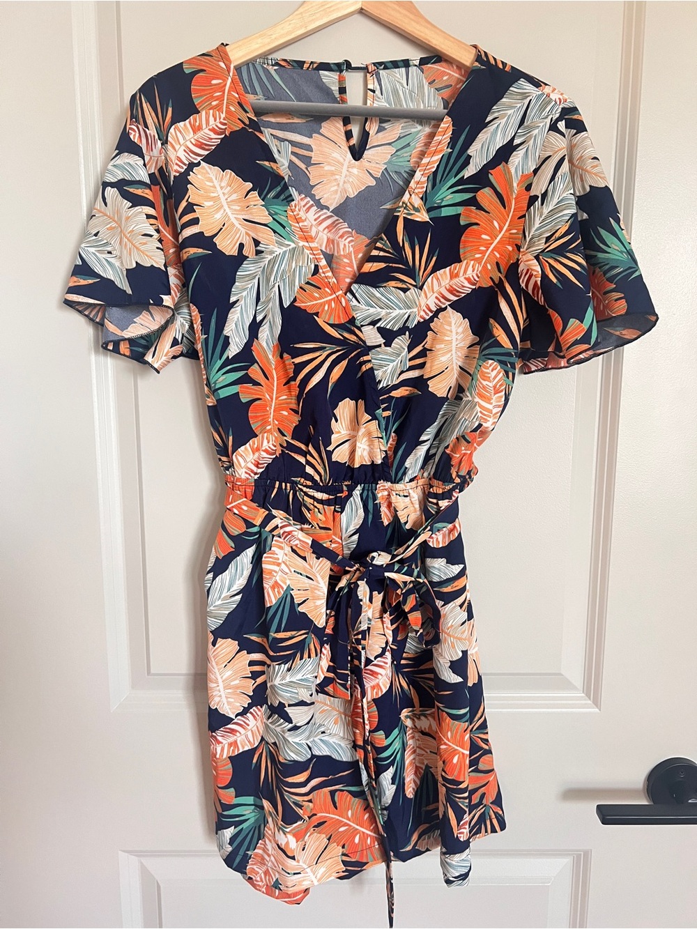 Tropical Navy One-Piece Romper with Orange Leaf Print
